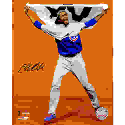 Carl Edwards Jr. Signed Chicago Cubs 2016 World Series Celebration Waving White W Flag 8x10 Photo