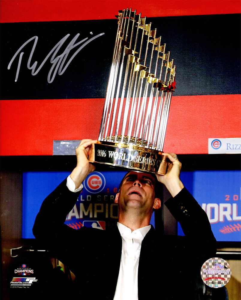 Theo Epstein Signed Chicago Cubs 2016 World Series Holding Trophy