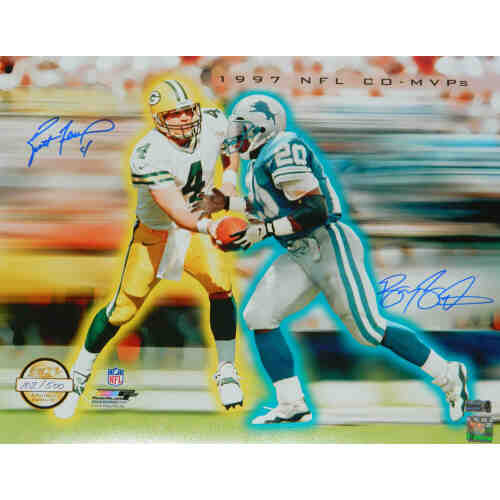 Brett Favre & Barry Sanders Dual Signed Green Bay Packers / Detroit Lions 1997 NFL Co MVPs Hand Off Collage 16x20 Photo