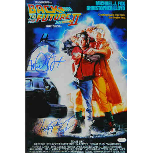 Michael J Fox & Christopher Lloyd Dual Signed Back To The Future Part II 12x18 Movie Poster