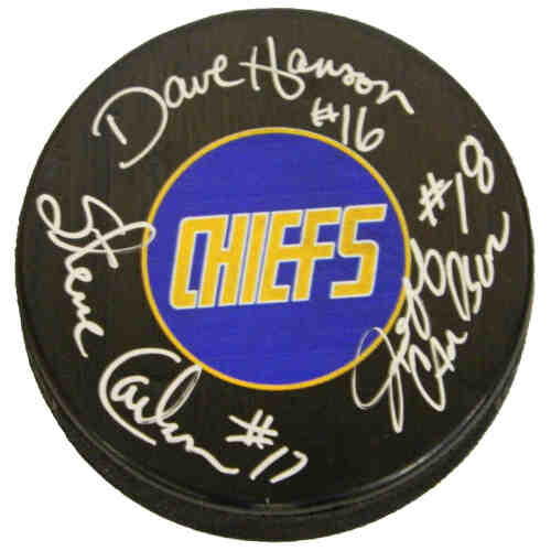 Hanson Brothers Signed Charleston Chiefs Logo 'Slap Shot' Hockey Puck