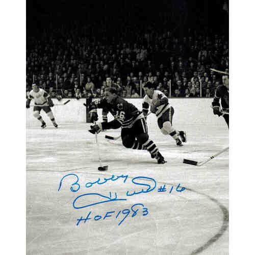 Bobby Hull Signed Blackhawks B&W 1961 Finals Action 8x10 Photo w/HOF 1983