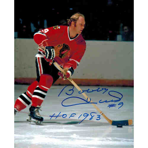 Bobby Hull Signed Chicago Blackhawks Action 8x10 Photo w/HOF 1983