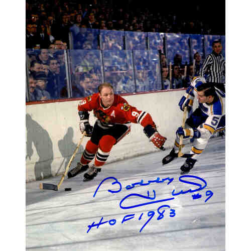 Bobby Hull Signed Blackhawks Action vs Blues 8x10 Photo w/HOF 1983