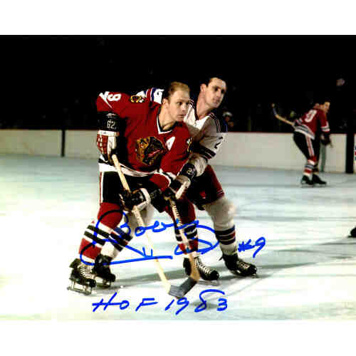 Bobby Hull Signed Blackhawks Defending Action 8x10 Photo w/HOF 1983