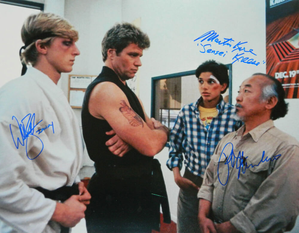 Ralph Macchio, William Zabka & Martin Kove Triple Signed The Karate Kid 16x20 Photo w/Johnny, Sensei Kreese