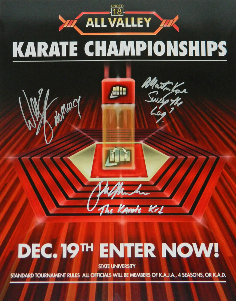 Ralph Macchio, William Zabka & Martin Kove Signed The Karate Kid All Valley Tournament 16x20 Photo w/The Karate Kid, No Mercy, Sweep The Leg