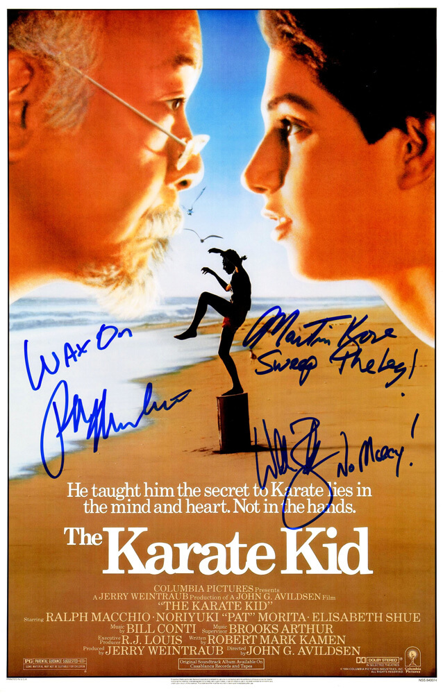 Ralph Macchio, William Zabka & Martin Kove Cast Signed The Karate Kid 11x17 Movie Poster w/Quotes