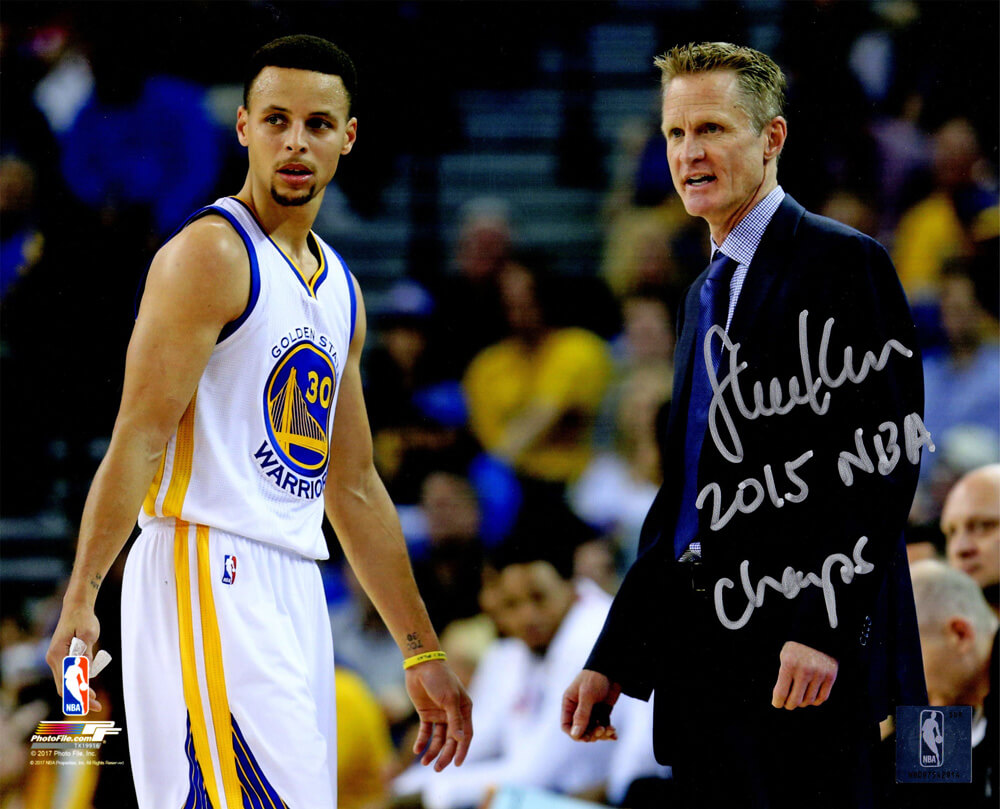 Steve Kerr Signed Golden State Warriors With Stephen Curry 8x10 Photo w/2015 NBA Champs