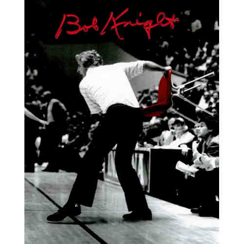 Bobby Knight Signed Indiana Hoosiers B&W Throwing Chair 8x10 Photo  (In Red)