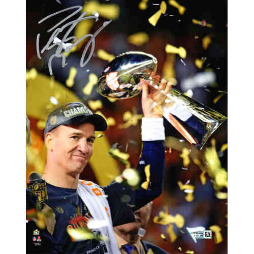 Peyton Manning Signed Broncos Super Bowl 50 Holding Trophy 8x10 Photo