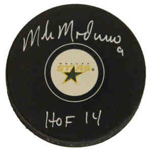 Mike Modano Signed Dallas Stars Logo Hockey Puck w/HOF 14