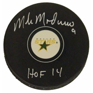 Mike Modano Signed Dallas Stars Logo Hockey Puck w/HOF 14