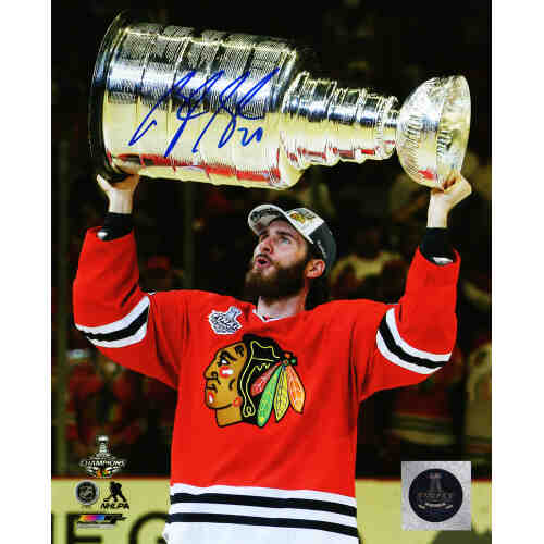 Brandon Saad Signed Chicago Blackhawks 2015 Stanley Cup Trophy 8x10 Photo