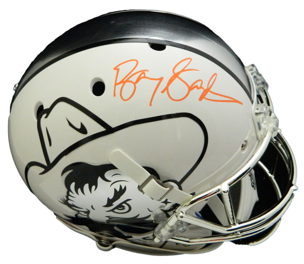 Barry Sanders Signed Oklahoma State White Icy Pistol Pete Schutt Full Size Replica Helmet (In Orange)