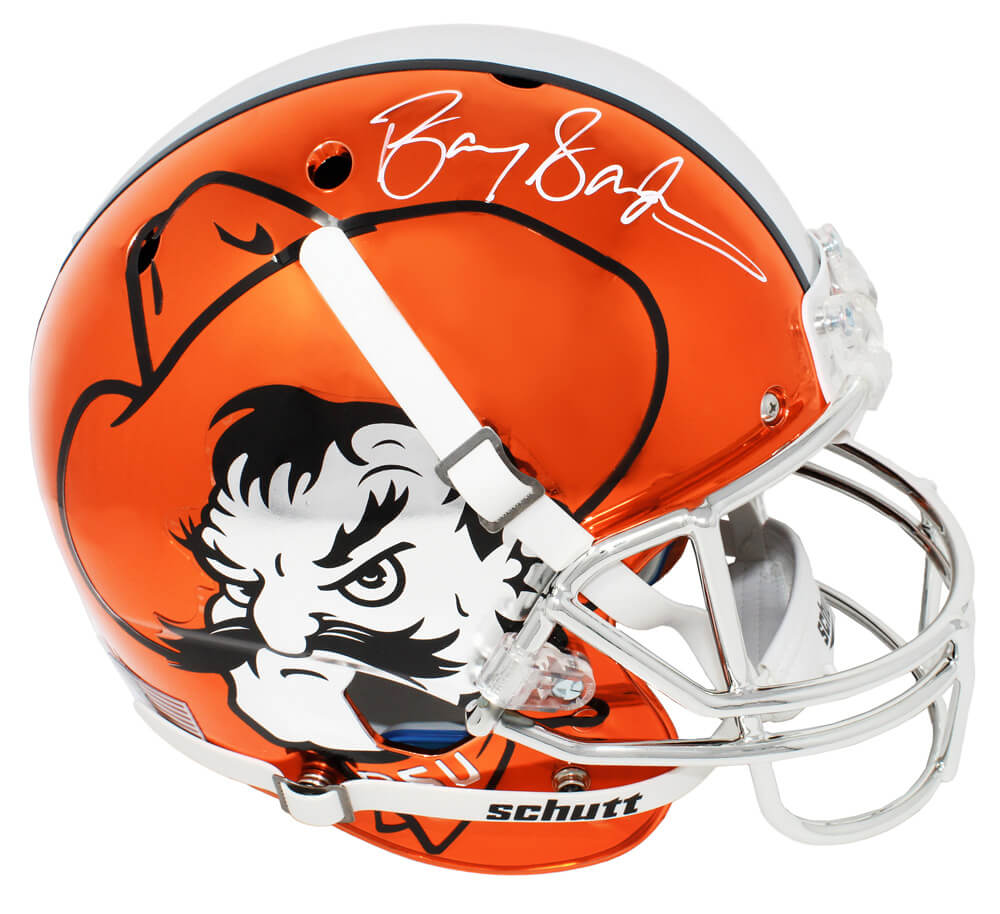 Barry Sanders Signed Oklahoma State Orange Chrome Pistol Pete Logo Schutt Full Size Replica Helmet