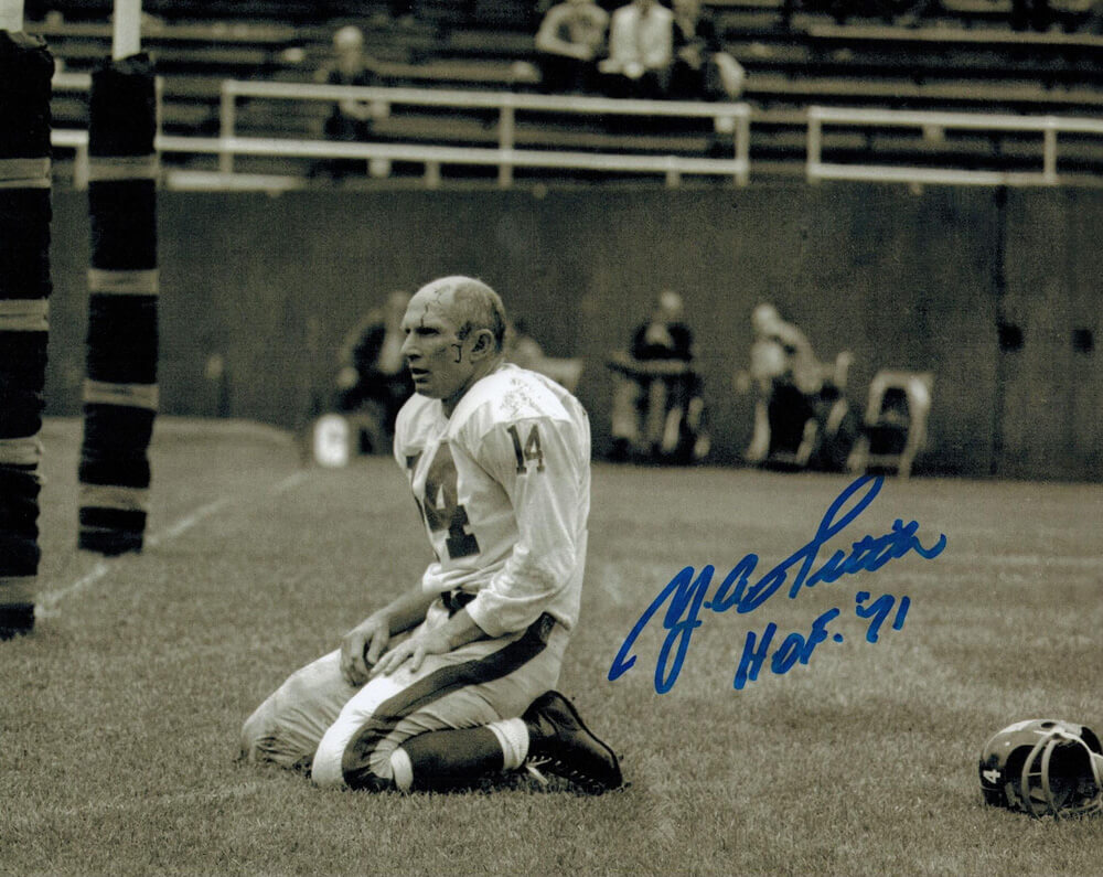 Y.A. Tittle Signed Giants B&W On Knees With White Boarder 8x10 Photo  w/HOF'71