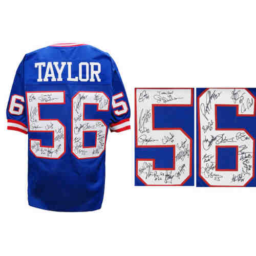 New York Giants SB XXI / XXV Team Signed Lawrence Taylor #56 Blue Custom Football Jersey (26 Sigs)