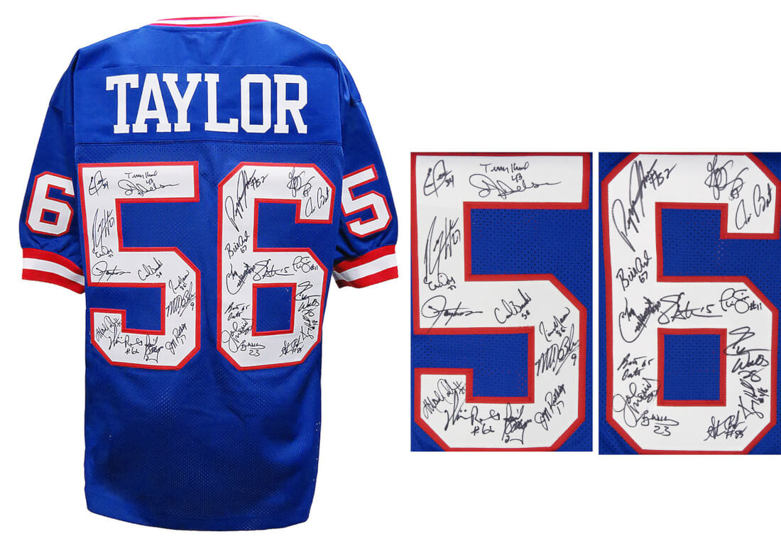 New York Giants SB XXI / XXV Team Signed Lawrence Taylor #56 Blue Custom  Football Jersey (26 Sigs)