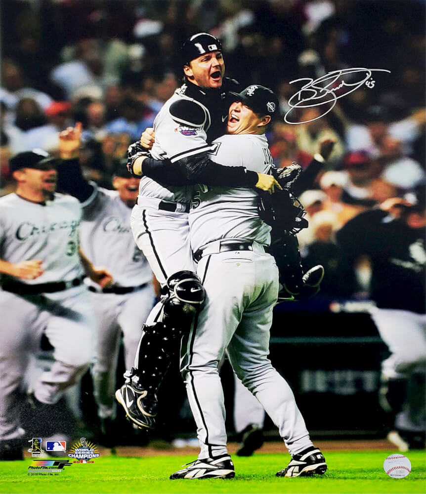 Bobby Jenks Signed White Sox 2005 World Series Celebration Hug With A.J. Pierzynski 16x20 Photo
