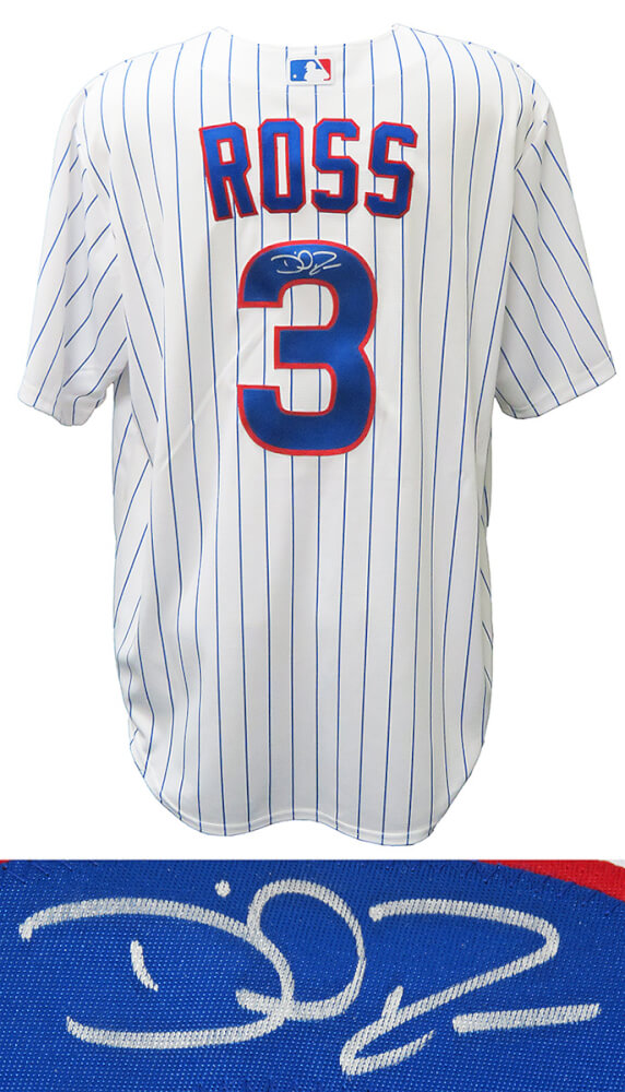 David Ross Signed Chicago Cubs White Pinstripe 2016 World Series Patch Majestic Replica Jersey 