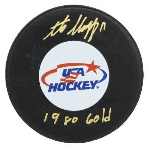 Steve Christoff Signed USA Hockey Logo Hockey Puck w/1980 Gold