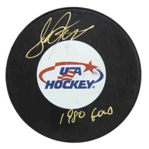 Steve Janaszak Signed USA Hockey Logo Hockey Puck w/1980 Gold