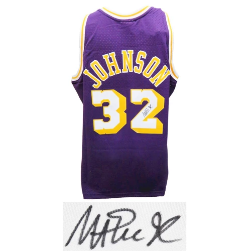 Magic Johnson Signed Los Angeles Lakers Purple Mitchell & Ness NBA Swingman Basketball Jersey