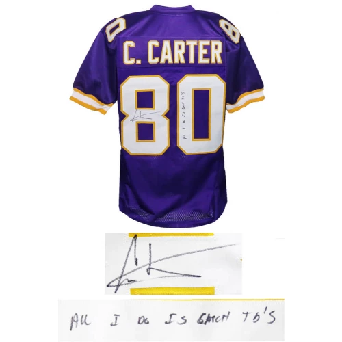 Cris Carter Signed Purple Custom Football Jersey w/All I Do Is Catch TD's - Image 2