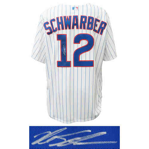 Kyle Schwarber Signed Cubs White Pinstripe Majestic Replica Baseball Jersey