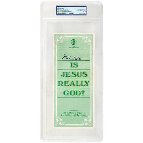 Muhammad Ali Signed Islamic Brochure 'Is Jesus Really God' Green 9x3 Pamplet - (PSA/DNA Encapsulated)