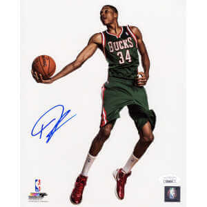 Giannis Antetokounmpo Signed Milwaukee Bucks Green Jersey Holding Basketball Pose 8x10 Photo - (JSA)