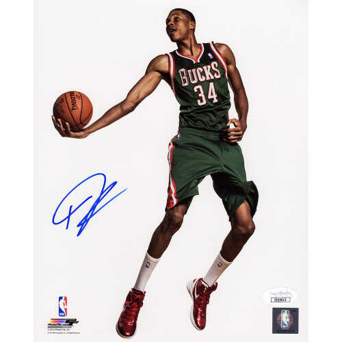 Giannis Antetokounmpo Signed Milwaukee Bucks Green Jersey Holding Basketball Pose 8x10 Photo - (JSA)