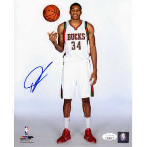 Giannis Antetokounmpo Signed Milwaukee Bucks White Jersey Standing With Basketball Pose 8x10 Photo - (JSA)