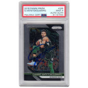 Giannis Antetokounmpo Signed Milwaukee Bucks 2018 Panini Prizm Basketball Card #296 - (PSA / Auto Grade 9)
