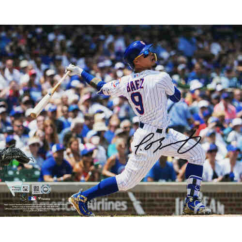 Javier Baez Signed Chicago Cubs White Pinstripe Jersey Swinging 8x10 Photo - (Fanatics)