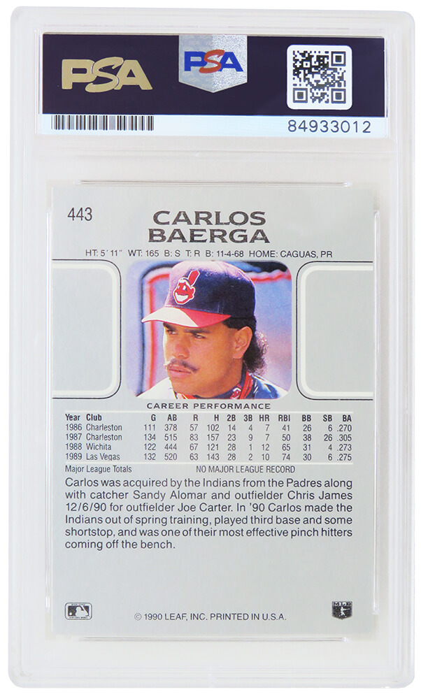 Carlos Baerga Signed Cleveland Indians 1990 Leaf Rookie Baseball Trading  Card #443 - Schwartz Authenticated