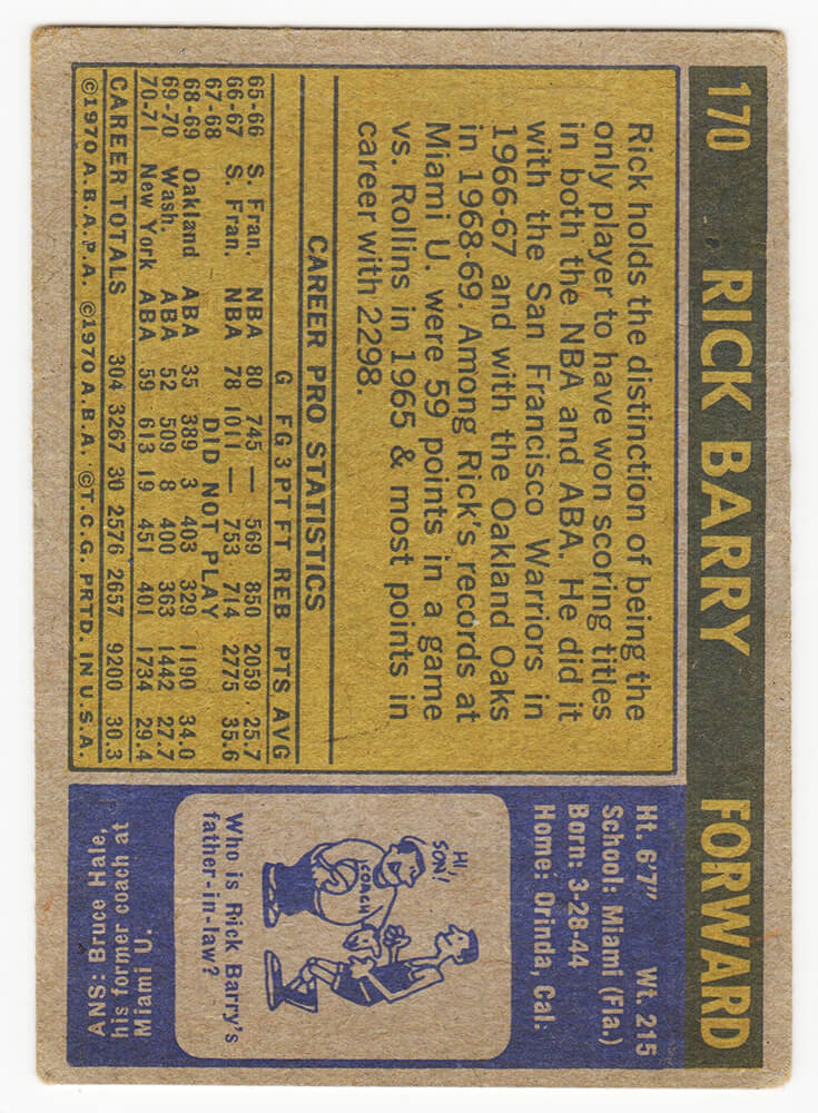 Rick Barry Signed New York Nets 1971 Topps Rookie Basketball Trading Card #170 w/HOF 1987 - Image 2
