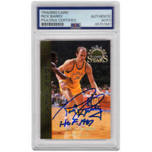 Rick Barry Signed Warriors 1996 Topps Stars Basketball Card #55 w/HOF 1987 &ndash; (PSA Encapsulated)