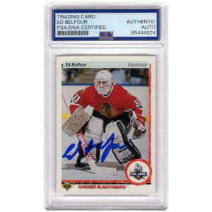 Ed Belfour Signed Chicago Blackhawks 1990-91 Upper Deck Hockey Rookie Card #55 – (PSA Encapsulated)