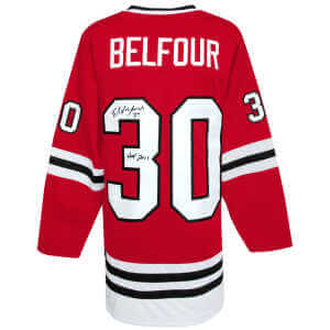 Ed Belfour Signed Red Throwback Custom Hockey Jersey w/HOF 2011