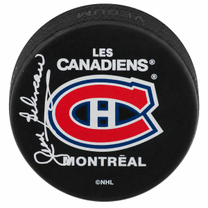 Jean Beliveau Signed Montreal Canadiens (Les Canadiens) Official Logo Hockey Puck - (PSA)