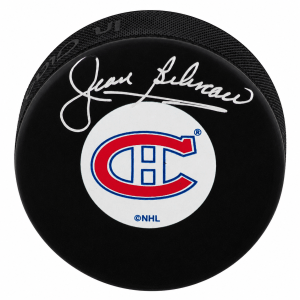 Jean Beliveau Signed Montreal Canadiens Logo Hockey Puck - (PSA)
