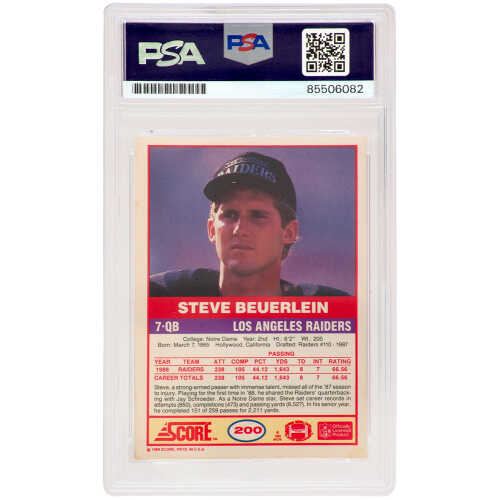 Steve Beuerlein Signed Oakland Raiders 1989 Score Football Rookie Trading Card #20 - (PSA Encapsulated) - Image 2
