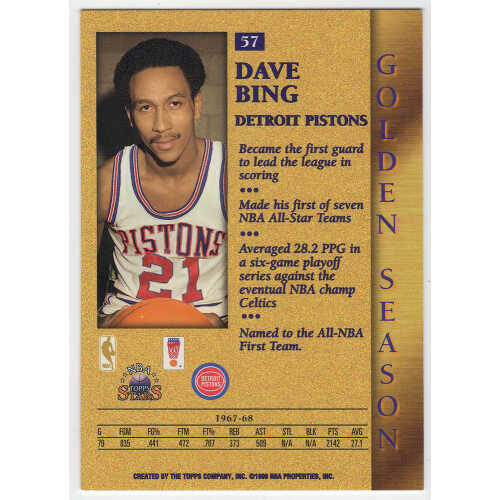 Dave Bing Signed Detroit Pistons 1996 Topps Stars Golden Season Basketball Card #57 w/HOF'90 - Image 2