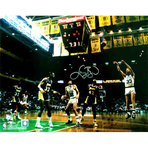 Larry Bird Signed Boston Celtics 3-Pt Shot vs Lakers Action 16x20 Photo