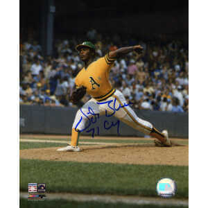 Vida Blue Signed Oakland A's Yellow Jersey Pitching 8x10 Photo w/71 CY
