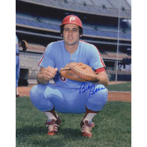 Bob Boone Signed Phillies Blue Jersey Catchers Pose 8x10 Photo