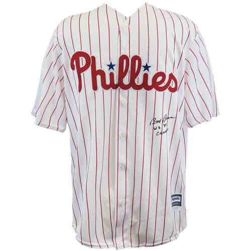 Bob Boone Signed Philadelphia Phillies White Pinstripe Majestic Replica Baseball Jersey w/80 WS Champs