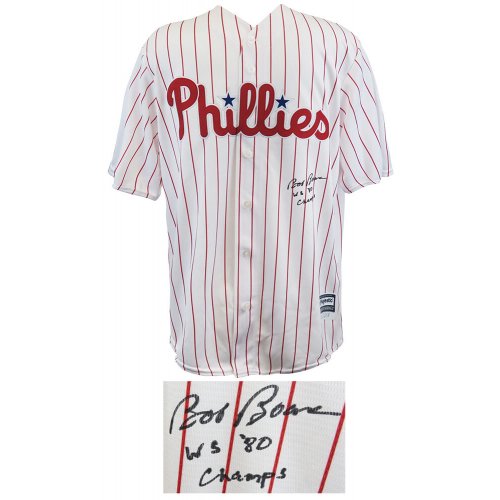 Bob Boone Signed Philadelphia Phillies White Pinstripe Majestic Replica Baseball Jersey w/80 WS Champs - Image 2